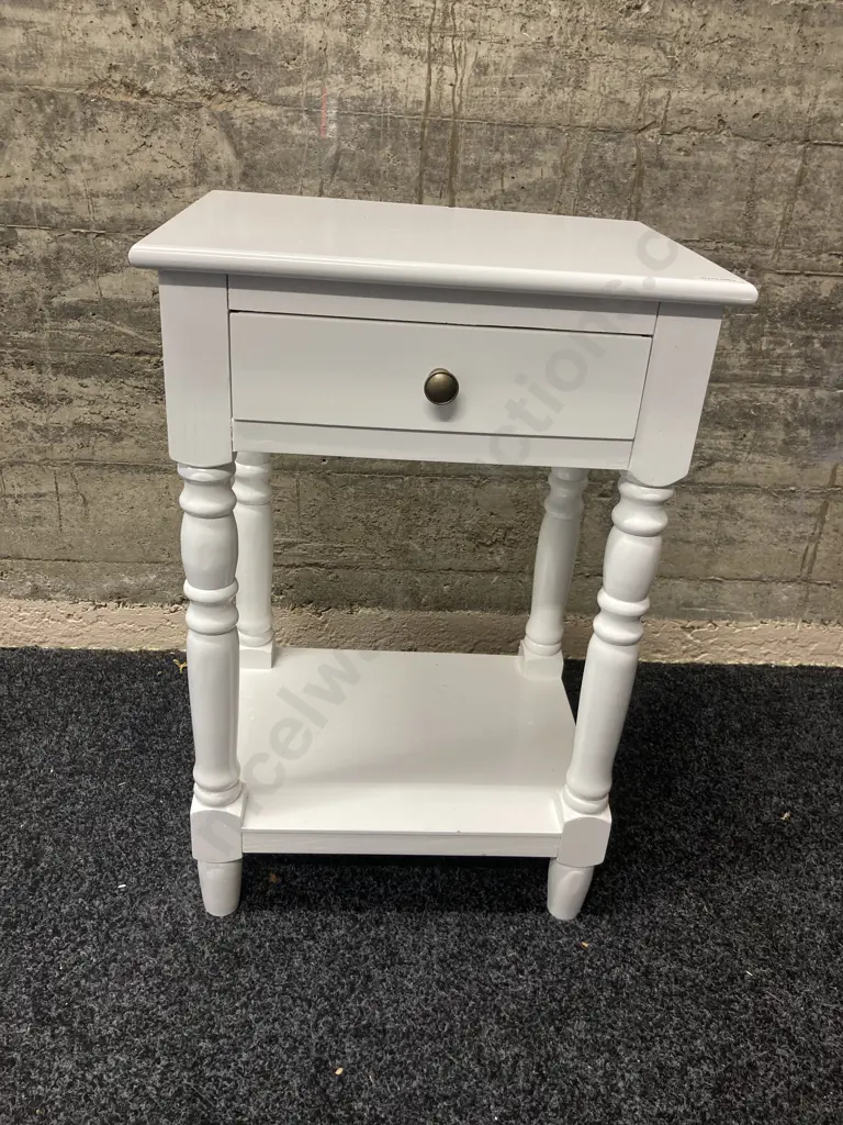 Ex Early Settler Valentine Bedside Table, White Goss Paint Finish, Single Drawer. H60 W40 D30cm Image 1++